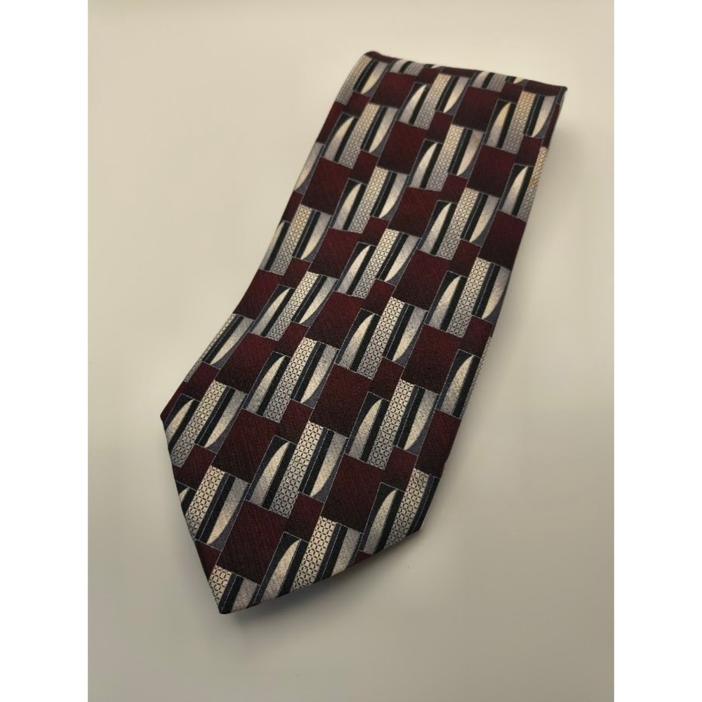 Pronto Uomo Silk Necktie Geometric‎ Burgundy Gray Made in Italy Mens